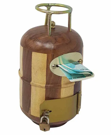 Desi Karigar Wooden Cylinder Shaped Piggy Bank - Brown