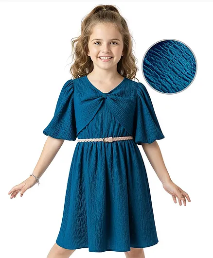 Hola Bonita Woven Half Flutter Sleeves Textured Dress with Belt & Knot Detailing - Teal Blue