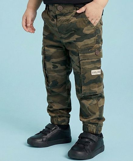 Babyhug Twill Woven Full Length Trouser Pant With Camouflage Design - Olive Green
