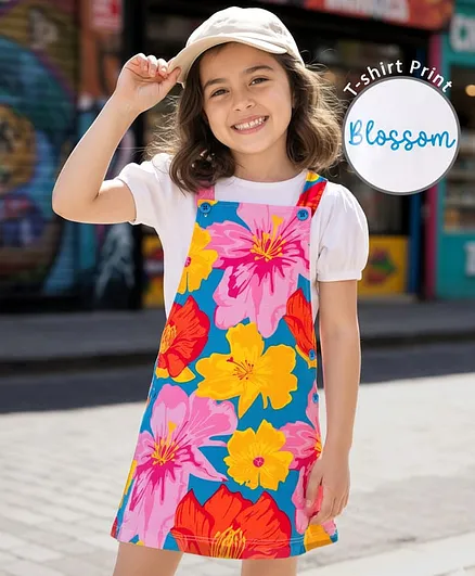 Ollington St. Cotton Half Sleeves Top & Printed Knit Pinafore - White & Multicolor