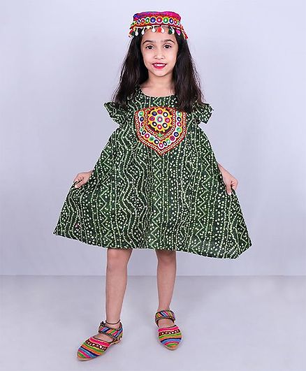 Aglare Navratri Theme Cotton Woven Half Sleeves Mirror Patch Detailed  Bandhani Design Dress With Cap - Green