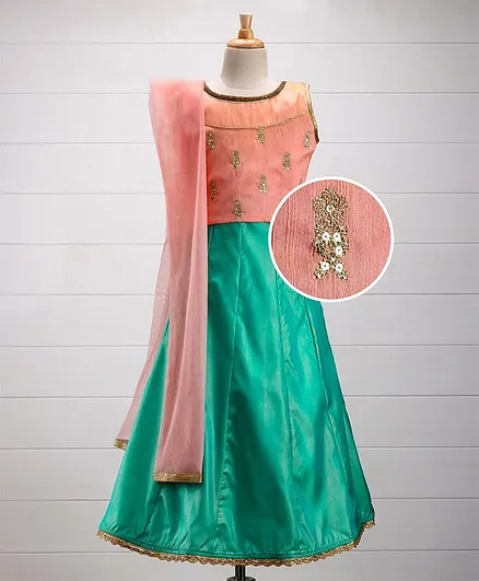 Enfance Sleeveless Designer Ghagra Choli Dupatta Set - Peach & Green