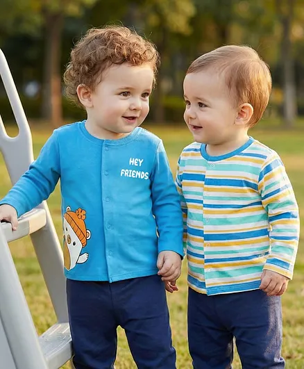 Babyoye 100% Cotton Interlock Knit with Eco Jiva Finish Full Sleeves Front Open Jhablas with Stripe & Animal Print Pack of 2 - Blue