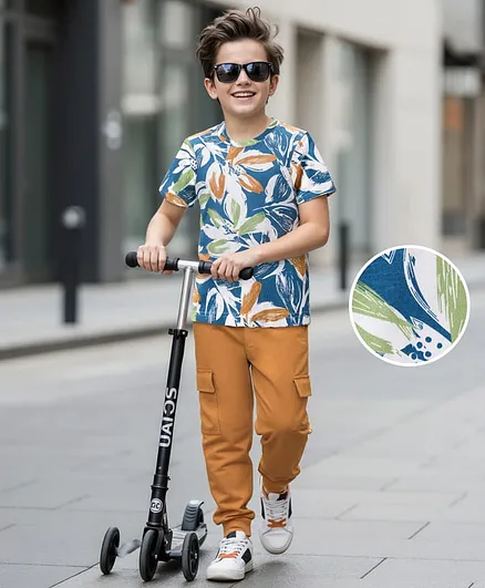 OLLINGTON ST. Cotton Knit Half Sleeves Leave Printed T-Shirt & Knit Joggers Set with Pockets - Blue & Brown