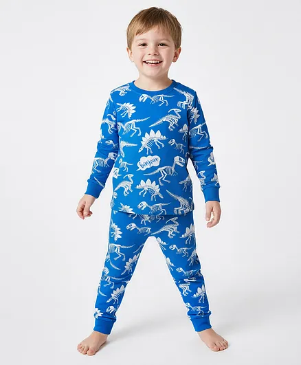 Bonfino 100% Cotton Knit Full Sleeves Co-ord Night Suit With Dino Print - Blue