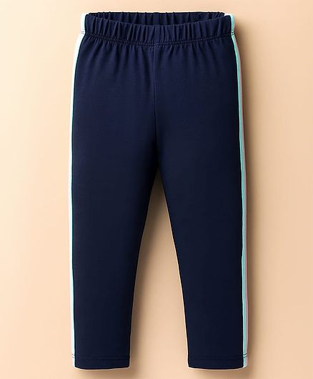Babyhug Cotton Knit Full Length Leggings With Tape Design- Navy Blue