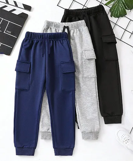 Trampoline Cotton Blend Knit Pack Of 3 Solid Cargo Joggers With Pockets - Blue Grey & Black
