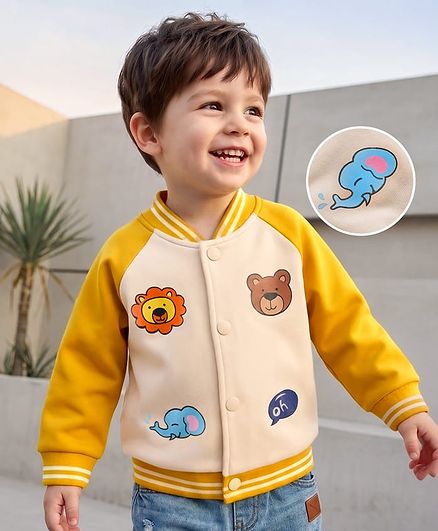 Mark & Mia Knit Full Raglan Sleeves Fleece Bomber Jacket with Animal Graphic & Tipping Rib Detailing - Multicolor