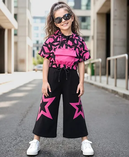 OLLINGTON ST. Cotton Half Sleeves Printed Hoodie Top & Knit Track Pant Set - Black