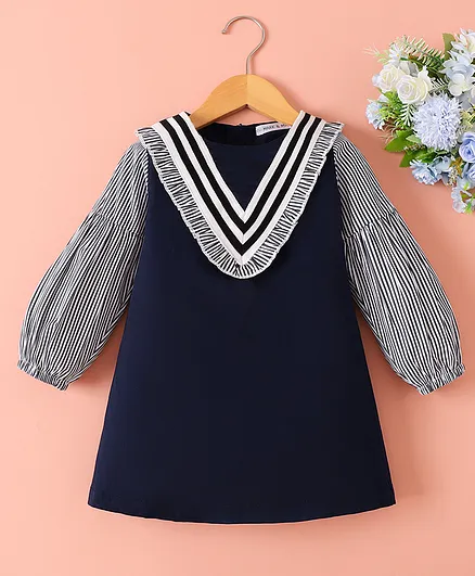 Mark & Mia Full Sleeves Winter Frock With Frills & Stripe Detailing - Navy Blue