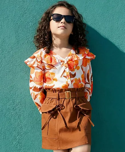 OLLINGTON ST. Woven Full Sleeves Floral Printed Ruffled Top & Cotton Twill Skirt with Belt - Multicolor & Brown