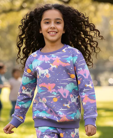 Anthrilo Fleece Knit Full Sleeves  Unicorn & Planet Printed Sweatshirts - Purple