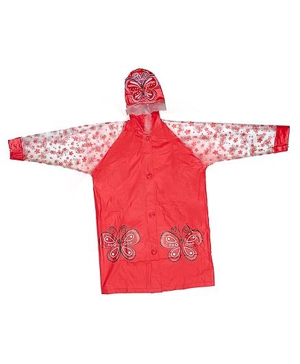Yellow Bee Full Sleeves Floral & Butterfly Printed Hooded Raincoat - Red