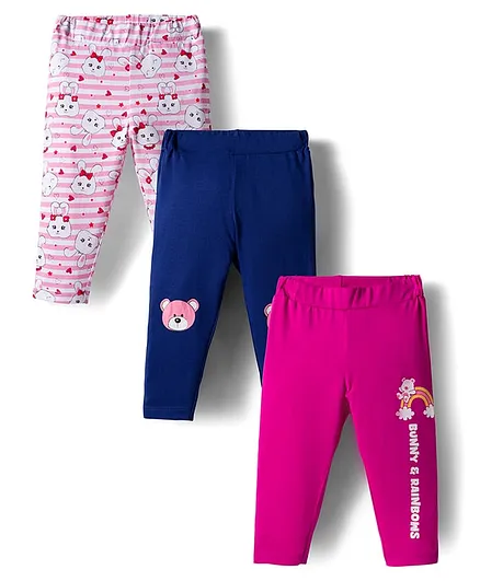 Doodle Poodle 100% Cotton Single Jersey Knit Full Length Leggings With Bunny Print Pack Of 3 - Navy Blue Pink & White