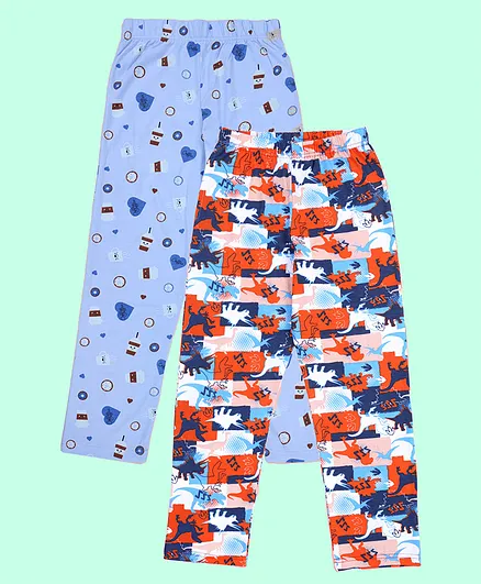 Kiddopanti Cotton Knit Pack Of 2 Hearts & Dinosaur Printed Pajamas - Blue & Neon Orange