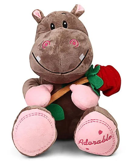 Starwalk Cute Hippo Plush With Red Rose Soft Toy Brown - Height 27 cm