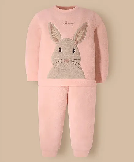 Cherry Crumble By Nitt Hyman Knit Full Sleeves Bunny Patch Detailed Winter Night Suit Set - Peach
