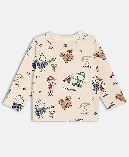 MINI KLUB Cotton Knit Full Sleeves Fun Together Text  Printed Tee - Beige