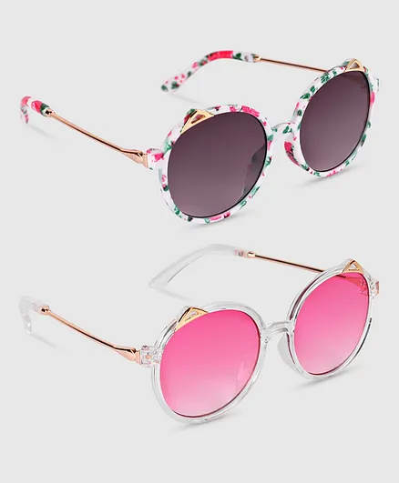 DukieKooky Set Of 2 Floral & Animal Ears Designed UV Protected Round Sunglasses - Pink & Multi Colour