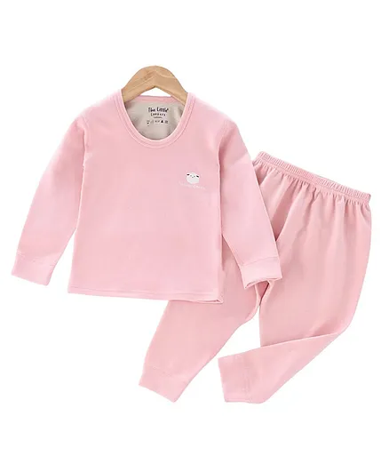 The little lookers Wool Knit   Full Sleeves Sheep Printed Thermal Set - Pink