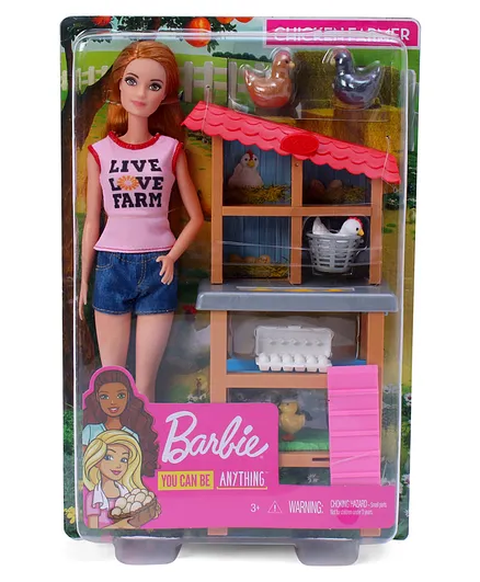 BarbieーFXP15 Doll, Multicoloured, FXP15 Barbie FXP15 Chicken Farmer Doll, Red Hair and Playset with Henhouse,  Chickens and More Multicoloured FXP15