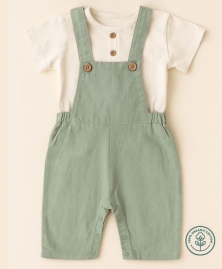 furr balls 100% Organic Cotton Woven Solid Dungaree With Half Sleeves Tee Set - Green