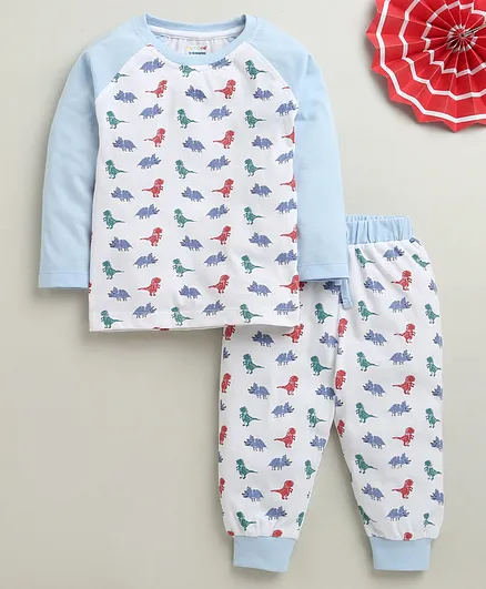 BUMZEE Cotton Knit Full Sleeves Dinosaur Printed Night Suit Set - White