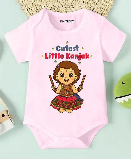 KNITROOT Cotton Lycra Knit Navratri Theme Half Sleeves  Cutest Little Kanjak Text Printed Onesie - Pink