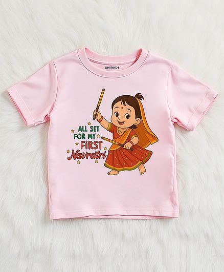 KNITROOT Cotton Lycra Knit Navratri Theme Half Sleeves All Set For My First Navratri Text Printed Tee - Pink