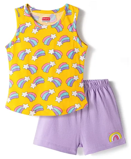 Babyhug 100% Cotton Knit Sleeveless Sando & Shorts Set with Rainbow Print - Yellow & Lavender