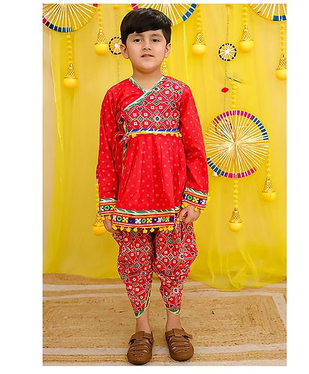 BownBee Pure Cotton Woven Navratri Theme Full Sleeves Patola Printed Angarakha Style Kedia With Dhoti Set - Pink