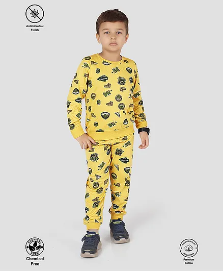 TRESNOVA 100% Premium Cotton Knit Full Sleeves Jungle Theme Printed Coordinating Anti Microbial Night Suit Set - Yellow