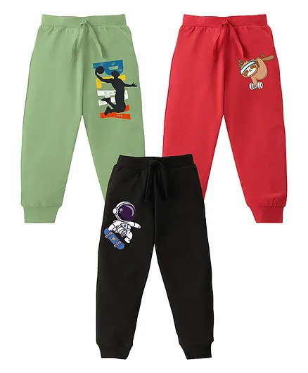 KAVEE Pure Cotton Knit Pack Of 3 Astronaut & Animals Printed Bio Washed Lounge Pants - Olive Green Red & Black