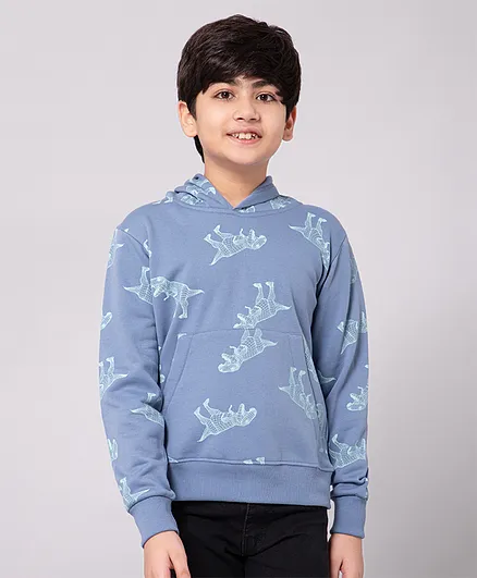 ALAN JONES Cotton Knit Full Sleeves Tyrannosaurus Rex Printed Hooded Light Winter Sweatshirt - Blue