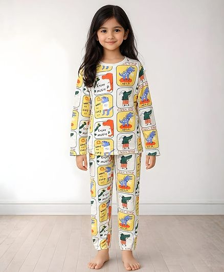 Anthrilo 100% Organic Cotton Knit Full Sleeves Dinosaurs Comic Panel Printed Comfort Fit Coordinating Night Suit Set - White