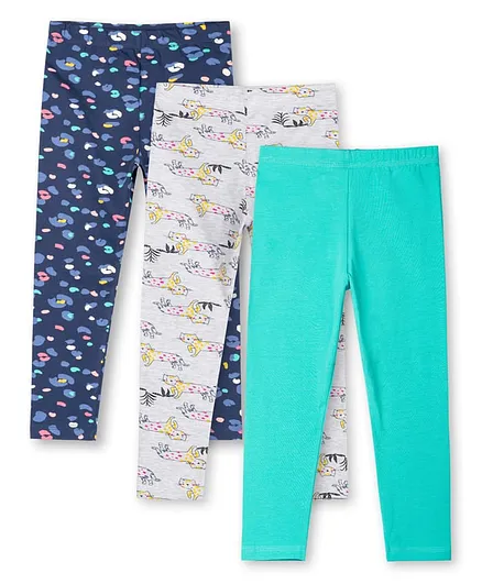 Ariel Cotton Knit Pack Of 3 Dinosaur & Floral Printed Leggings - Grey Turquoise & Navy Blue