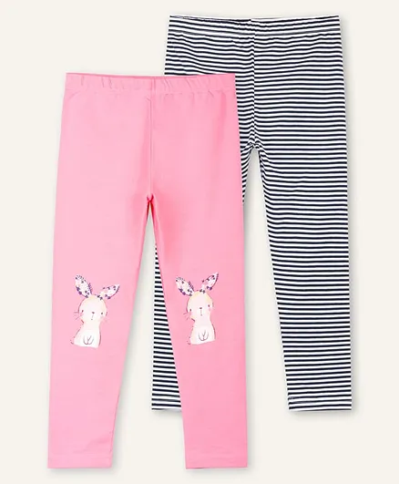 Ariel Cotton Knit Pack Of 2 Striped & Cute Bunny Printed Leggings - Pink & Black
