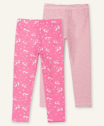 Ariel Cotton Knit Pack Of 2 Striped & Unicorns Printed Leggings - Pink