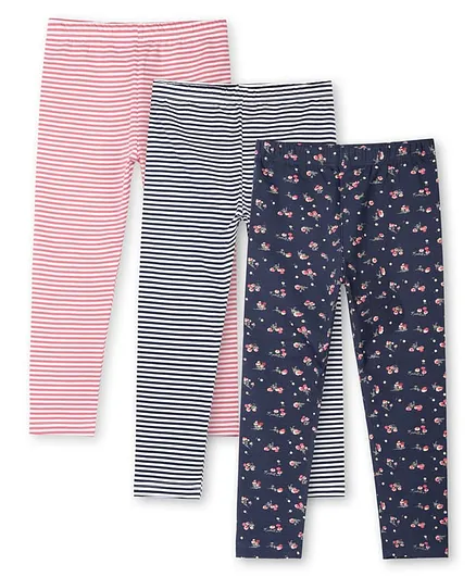 Ariel Cotton Knit Pack Of 3 Striped & Floral Printed Leggings - Pink Black & Navy Blue