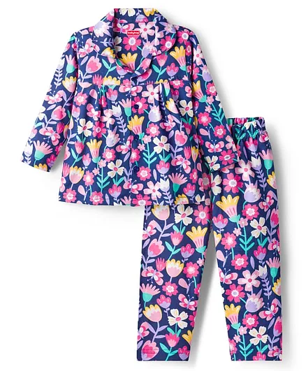 Babyhug Cotton Knit Full Sleeves Co-ord Night Suit With Floral Print - Navy Blue