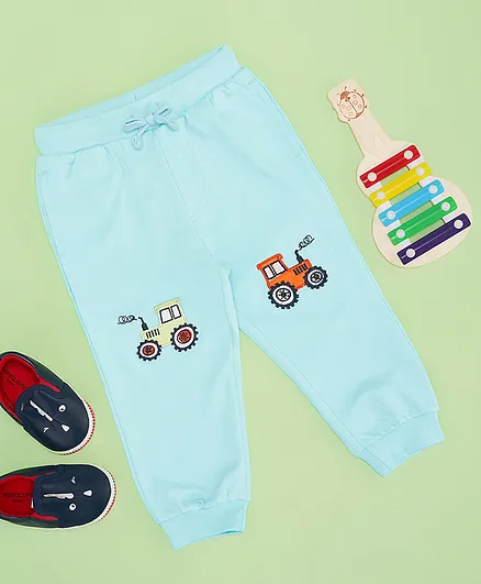 Pantaloons Baby Cotton Knit Vehicles Embroidered Joggers - Aqua Blue