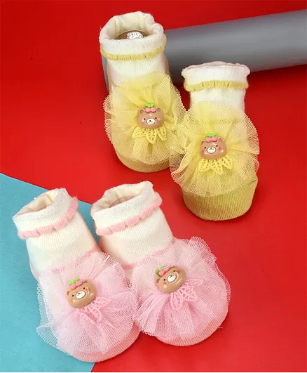 Yellow Bee Pack Of 2 Bear Applique Detailed Anti Skid Socks - Multi Colour