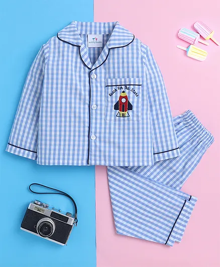 Knitting Doodles Pure Cotton Woven Full Sleeves Checked  Coordinating Night Suit Set - Blue & White