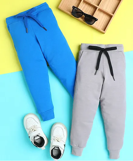 Knitting Doodles Terry Knit Pack Of 2 Solid Track Pants - Blue & Grey