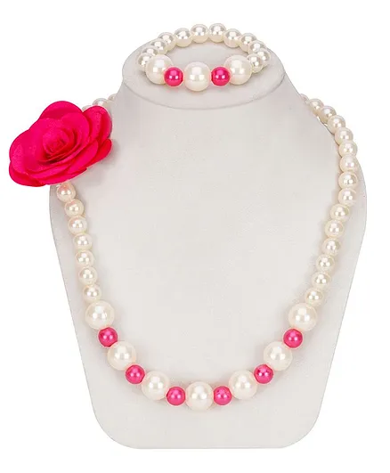 Daizy Pearl & Beads Necklace & Bracelet - Pink & White