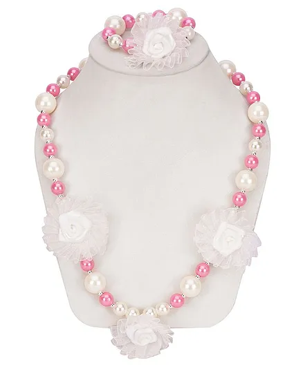 Daizy Pearl Necklace Wih Big Beads & Bracelet - Pink & White