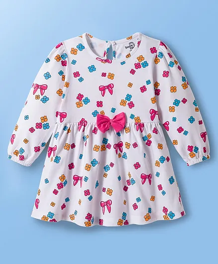 Doodle Poodle 100% Cotton Single Jeersey Knit Full Sleeves Frock with Floral Print & Bow Applique - White
