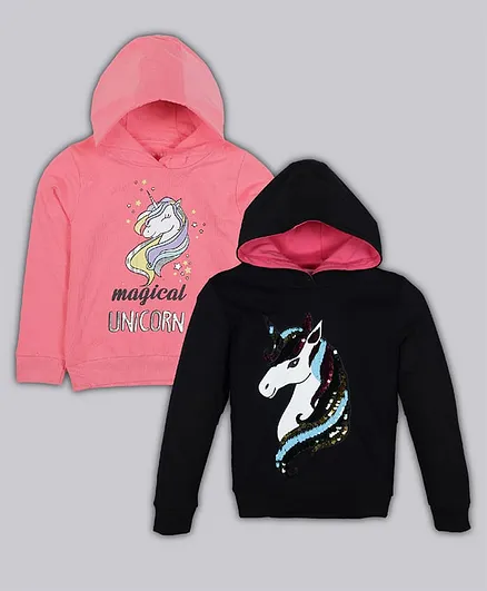 Plum Tree Cotton Knit Pack Of 2 Full Sleeves Unicorn Printed & Sequins Embellished Light Winter Hooded Sweatshirts - Black & Pink