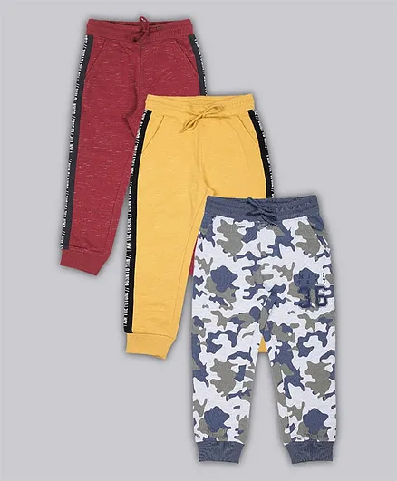 Plum Tree 100% Cotton Knit Pack Of 3 Solid & Camouflaged Winter Jogger Set - Multi Colour