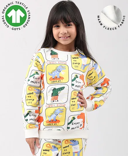 Anthrilo Fleece Knit Full Sleeves Comical Dinosaurs Printed Light Winter Sweatshirt - Off White